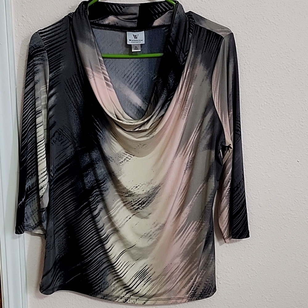 Worthington Petite L,95% Polyester, 5% Spandex multicolor 3/4 sleeve dress shirt